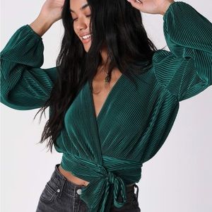 Tie Voltage Emerald Green Plisse Long Sleeve Wrap Top